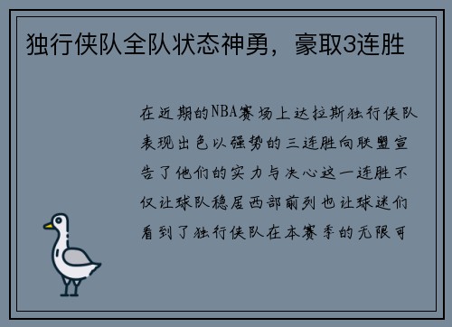 独行侠队全队状态神勇，豪取3连胜